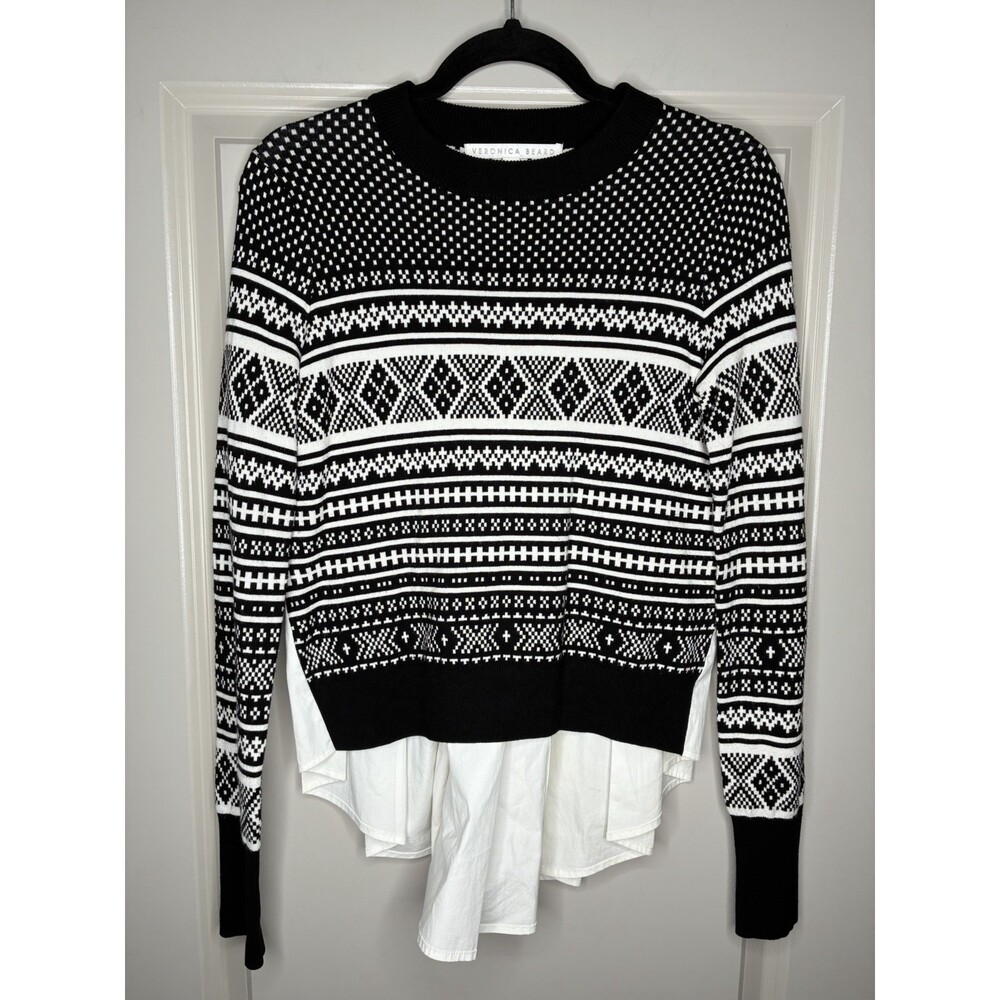 Veronica Beard Fair Isle Black & White Crewneck Sweater Twofer Size XS Layered